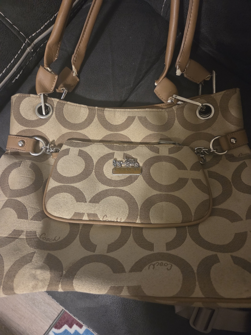 Coach Tan and Brown Signature Canvas Tote with Front Pocket